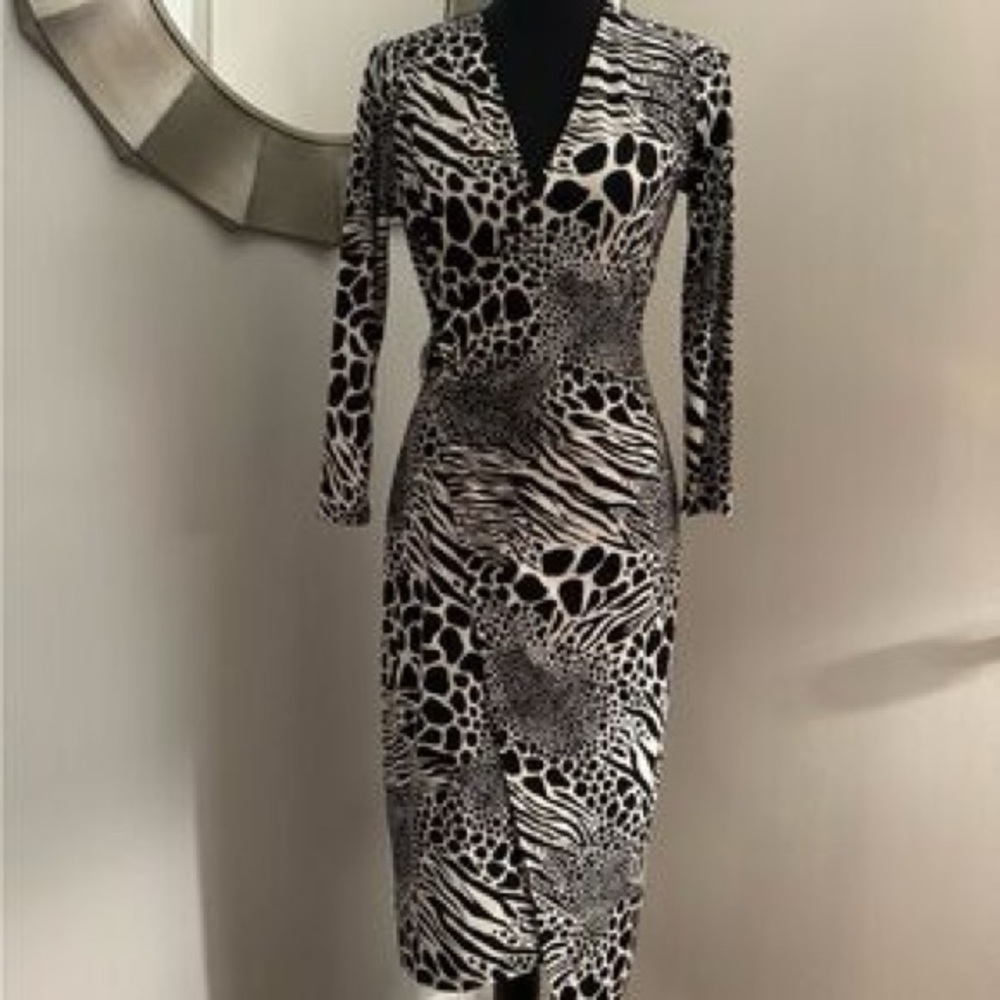 Michael Kors Black and White Long Sleeve Wrap-Style Dress